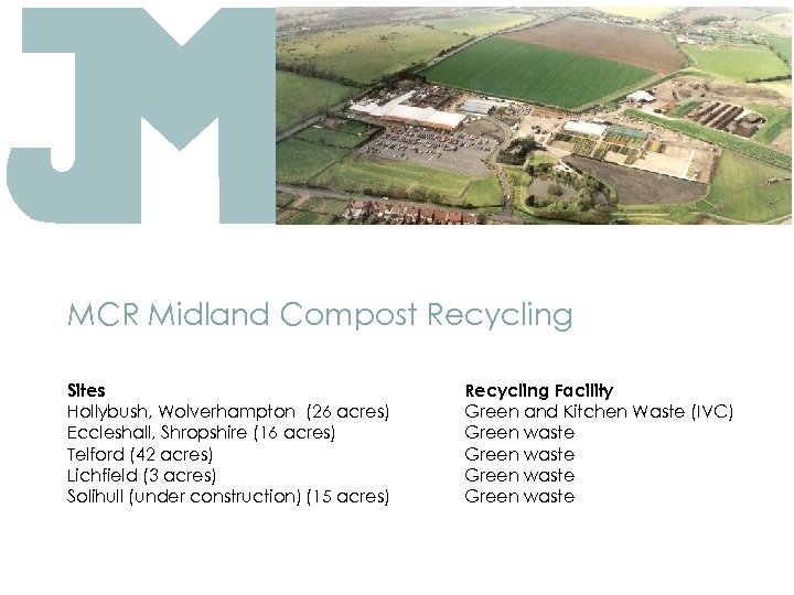 MCR Midland Compost Recycling Sites Hollybush, Wolverhampton (26 acres) Eccleshall, Shropshire (16 acres) Telford
