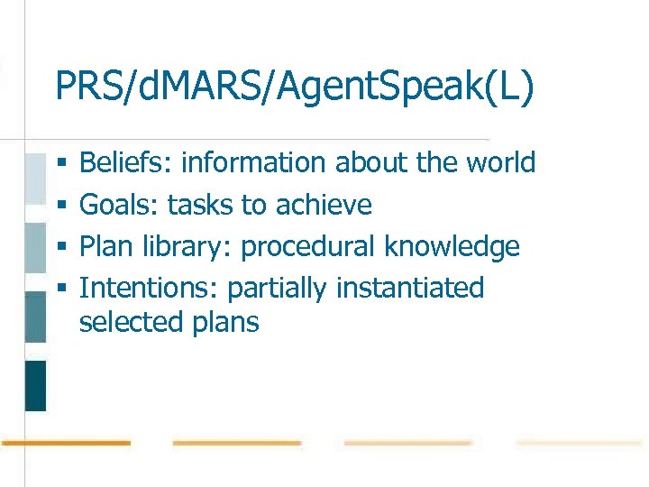 PRS/d. MARS/Agent. Speak(L) § § Beliefs: information about the world Goals: tasks to achieve
