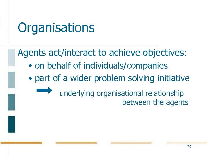 Organisations Agents act/interact to achieve objectives: • on behalf of individuals/companies • part of