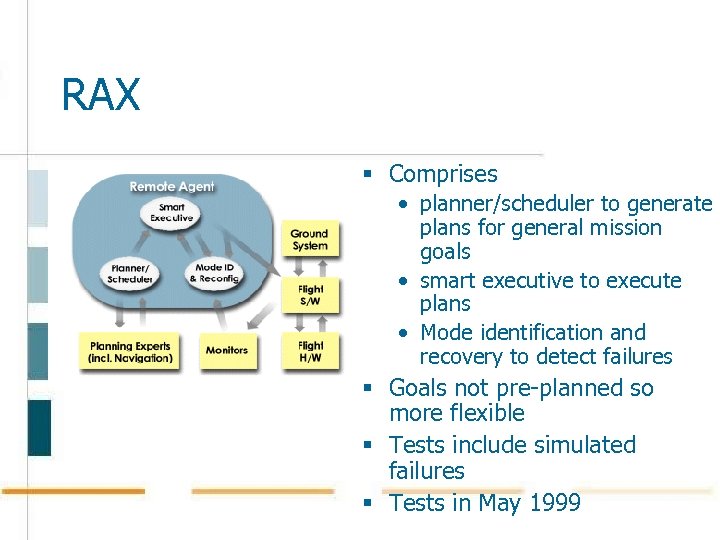RAX § Comprises • planner/scheduler to generate plans for general mission goals • smart