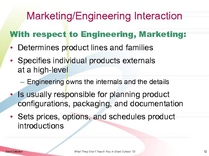Marketing/Engineering Interaction With respect to Engineering, Marketing: • Determines product lines and families •