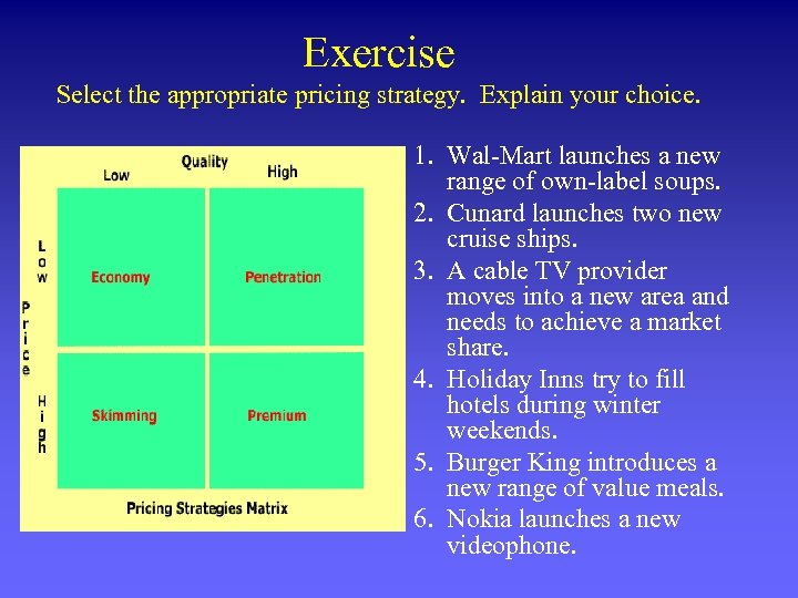 Exercise Select the appropriate pricing strategy. Explain your choice. 1. Wal-Mart launches a new