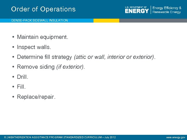 Order of Operations DENSE-PACK SIDEWALL INSULATION • Maintain equipment. • Inspect walls. • Determine