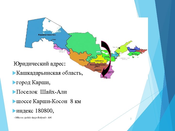  Юридический адрес: Кашкадарьинская область, город Карши, Поселок Шайх-Али шоссе Карши-Косон 8 км индекс