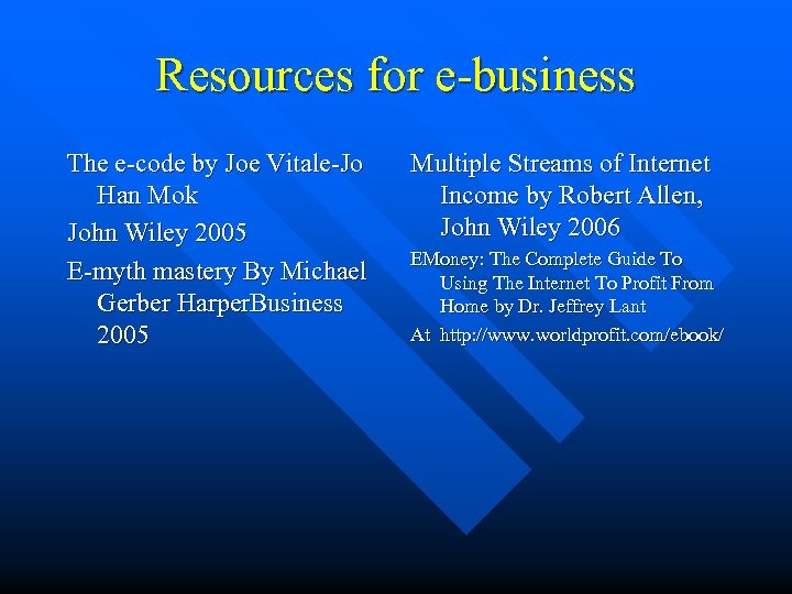 Resources for e-business The e-code by Joe Vitale-Jo Han Mok John Wiley 2005 E-myth