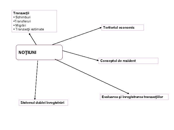 Tranzacţii • Schimburi • Transferuri • Migrări • Tranzacţii estimate Teritoriul economic NOŢIUNI Conceptul