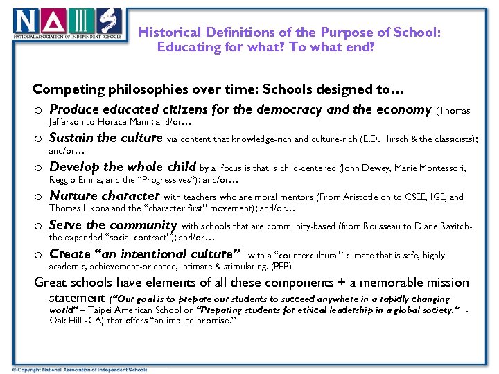 Historical Definitions of the Purpose of School: Educating for what? To what end? Competing