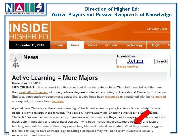 Direction of Higher Ed: Active Players not Passive Recipients of Knowledge Return 