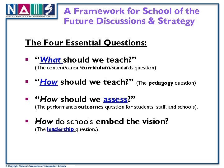 A Framework for School of the Future Discussions & Strategy The Four Essential Questions: