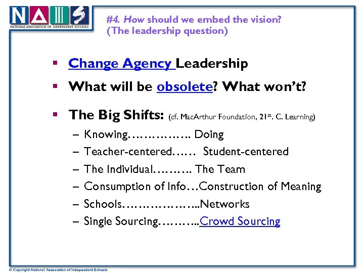 #4. How should we embed the vision? (The leadership question) § Change Agency Leadership