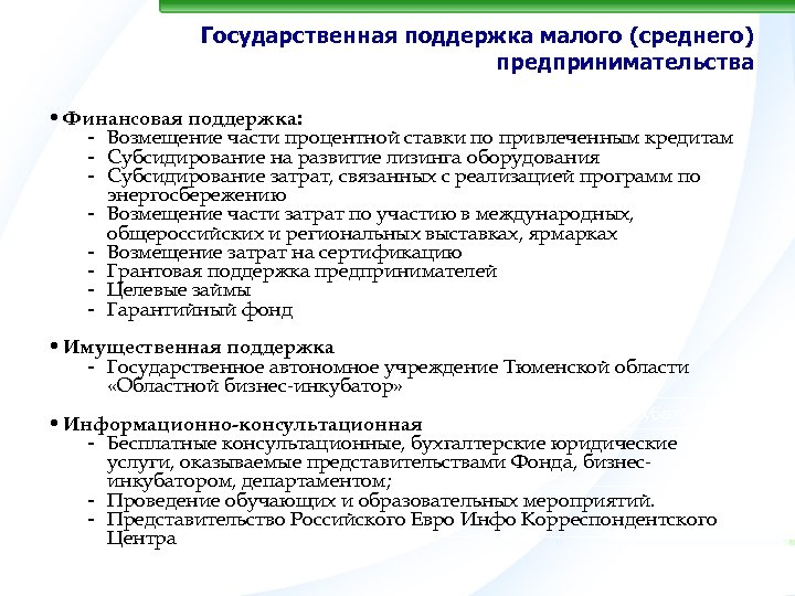 Государственная поддержка малого (среднего) предпринимательства • Финансовая поддержка: - Возмещение части процентной ставки по