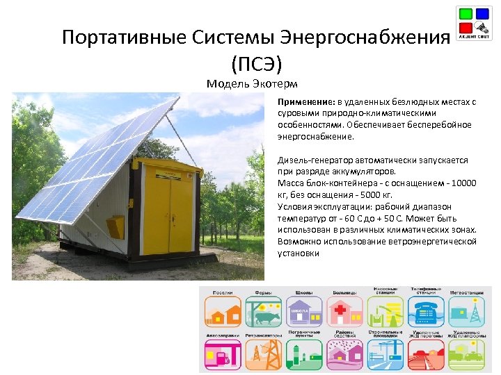 Портативные Системы Энергоснабжения (ПСЭ) Модель Экотерм Применение: в удаленных безлюдных местах с суровыми природно-климатическими