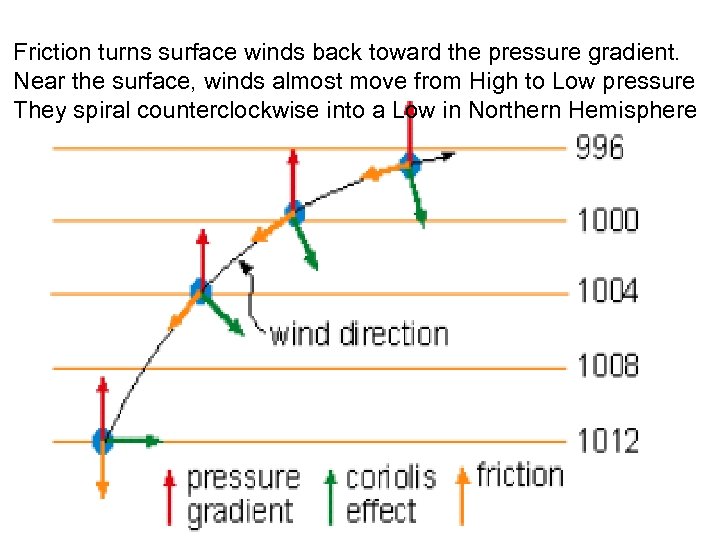 Friction turns surface winds back toward the pressure gradient. Near the surface, winds almost