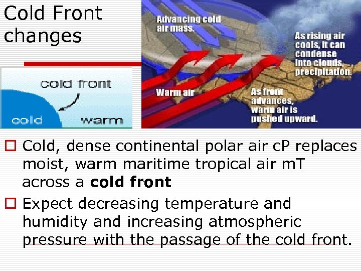 Cold Front changes o Cold, dense continental polar air c. P replaces moist, warm