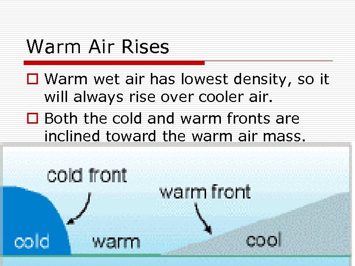 Warm Air Rises o Warm wet air has lowest density, so it will always