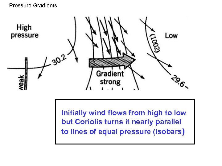 Pressure Gradients Coriolis turning Initially wind flows from high to low but Coriolis turns