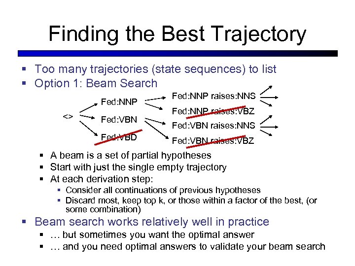Finding the Best Trajectory § Too many trajectories (state sequences) to list § Option