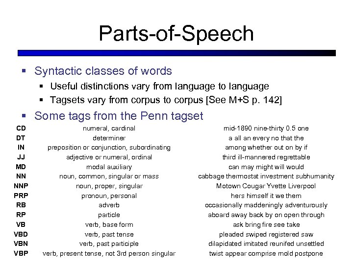 Parts-of-Speech § Syntactic classes of words § Useful distinctions vary from language to language