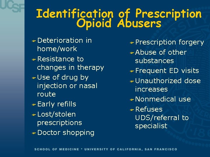 Identification of Prescription Opioid Abusers F Deterioration in home/work F Resistance to changes in