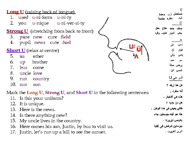 Long U (raising back of tongue) 1. used u-ni-form u-ni-ty 2. you u-nique u-ni-ver-si-ty