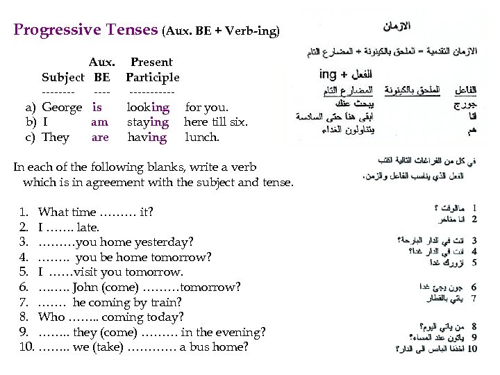 Progressive Tenses (Aux. BE + Verb-ing) Aux. Present Subject BE Participle ------------- a) George