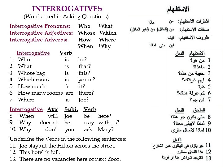 INTERROGATIVES (Words used in Asking Questions) Interrogative Pronouns: Who What Interrogative Adjectives: Whose Which