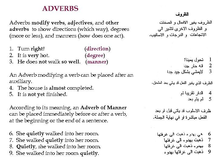 ADVERBS Adverbs modify verbs, adjectives, and other adverbs to show directions (which way), degrees