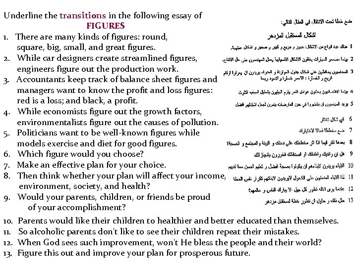 Underline the transitions in the following essay of FIGURES 1. There are many kinds