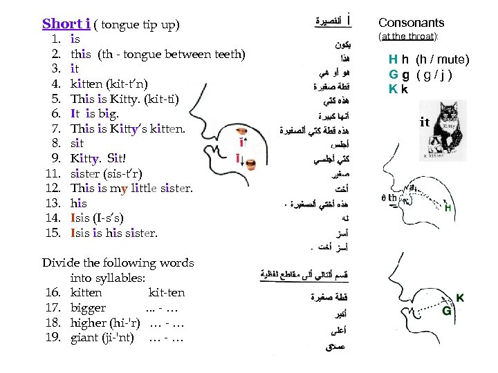 Short i ( tongue tip up) 1. is 2. this (th - tongue between