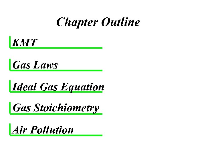 Chapter Outline KMT Gas Laws Ideal Gas Equation Gas Stoichiometry Air Pollution 