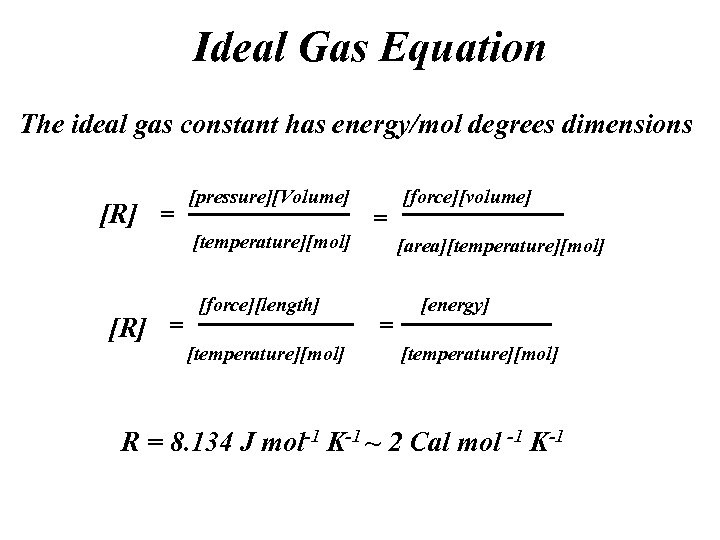 Ideal Gas Equation The ideal gas constant has energy/mol degrees dimensions [R] = [pressure][Volume]