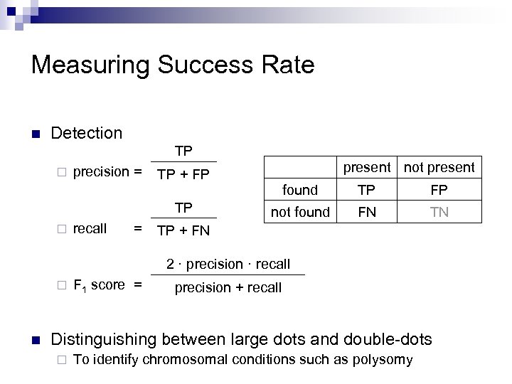Measuring Success Rate n Detection TP ¨ precision = TP ¨ recall = present