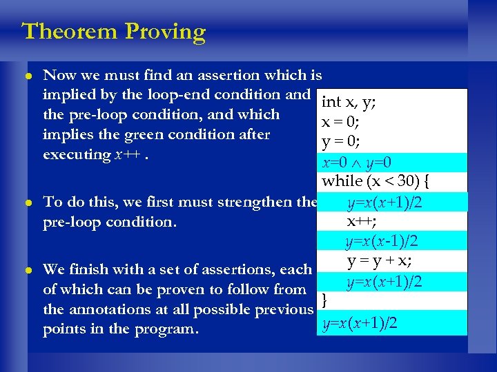 Theorem Proving l l l Now we must find an assertion which is implied