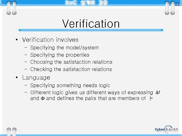 22 Verification • Verification involves – – Specifying the model/system Specifying the properties Choosing