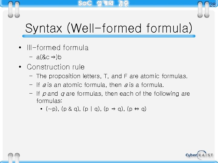 28 Syntax (Well-formed formula) • Ill-formed formula – a(&c⇒)b • Construction rule – The
