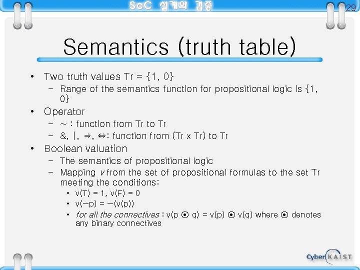 29 Semantics (truth table) • Two truth values Tr = {1, 0} – Range