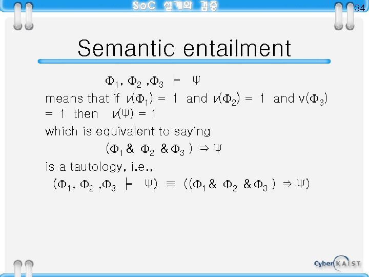 34 Semantic entailment F 1, F 2 , F 3 ╞　Ψ means that if