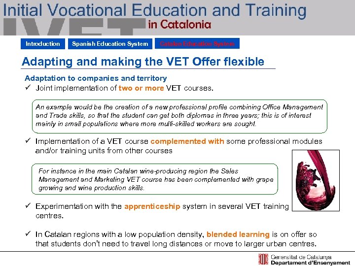 Introduction Spanish Education System Catalan Education System Adapting and making the VET Offer flexible