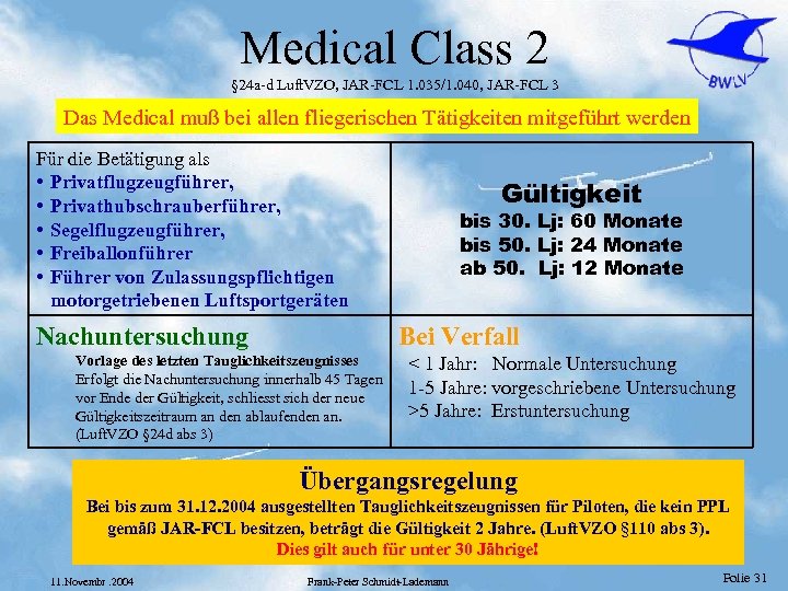 Medical Class 2 § 24 a-d Luft. VZO, JAR-FCL 1. 035/1. 040, JAR-FCL 3