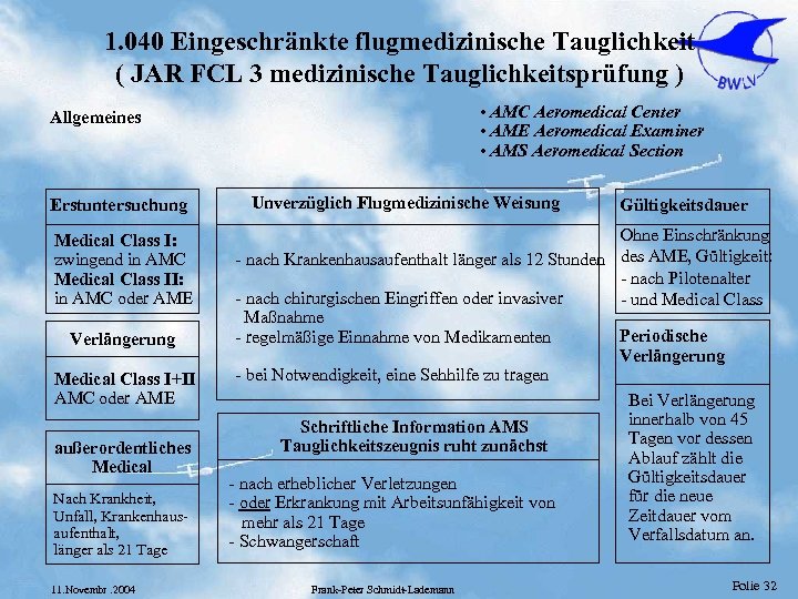 1. 040 Eingeschränkte flugmedizinische Tauglichkeit ( JAR FCL 3 medizinische Tauglichkeitsprüfung ) • AMC