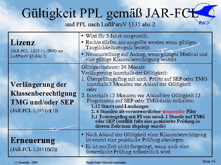 Gültigkeit PPL gemäß JAR-FCL und PPL nach Luft. Pers. V § 135 abs 2