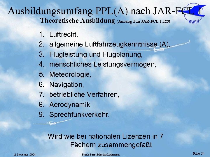 Ausbildungsumfang PPL(A) nach JAR-FCL 1 Theoretische Ausbildung (Anhang 1 zu JAR-FCL 1. 125) 1.