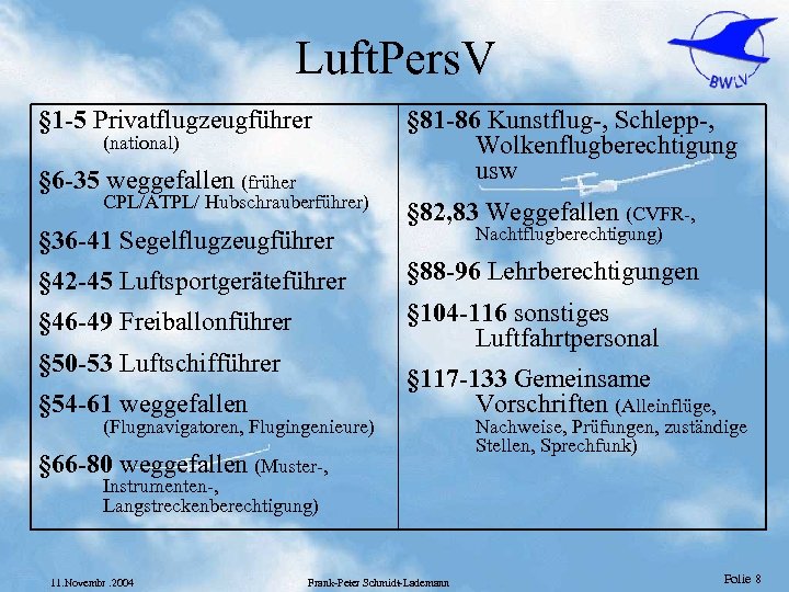 Luft. Pers. V § 1 -5 Privatflugzeugführer (national) § 6 -35 weggefallen (früher CPL/ATPL/