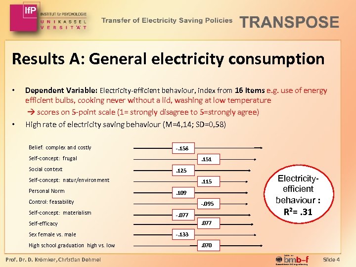 Results A: General electricity consumption • • Dependent Variable: Electricity-efficient behaviour, index from 16