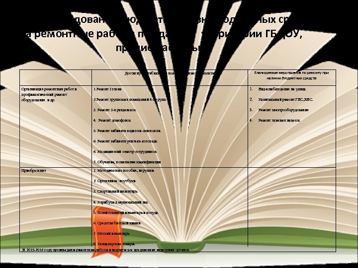 Отчет о расходовании бюджетных и внебюджетных средств на ремонтные работы по зданию, территории ГБДОУ,