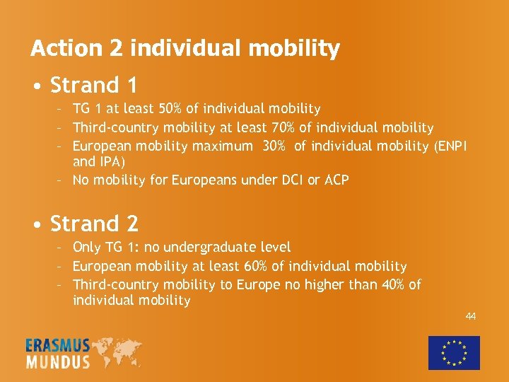 Action 2 individual mobility • Strand 1 – TG 1 at least 50% of