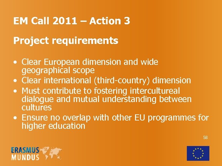 EM Call 2011 – Action 3 Project requirements • Clear European dimension and wide