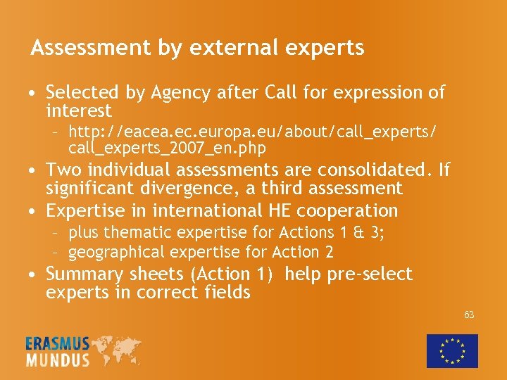 Assessment by external experts • Selected by Agency after Call for expression of interest