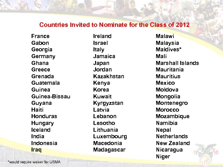 Countries Invited to Nominate for the Class of 2012 France Gabon Georgia Germany Ghana