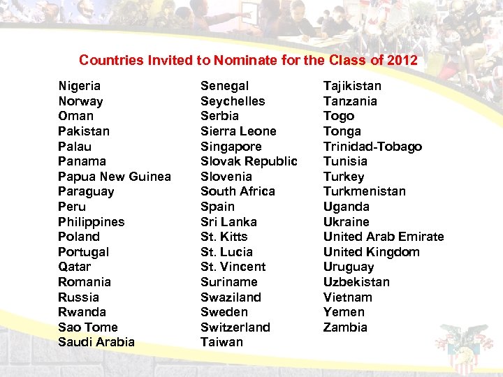 Countries Invited to Nominate for the Class of 2012 Nigeria Norway Oman Pakistan Palau